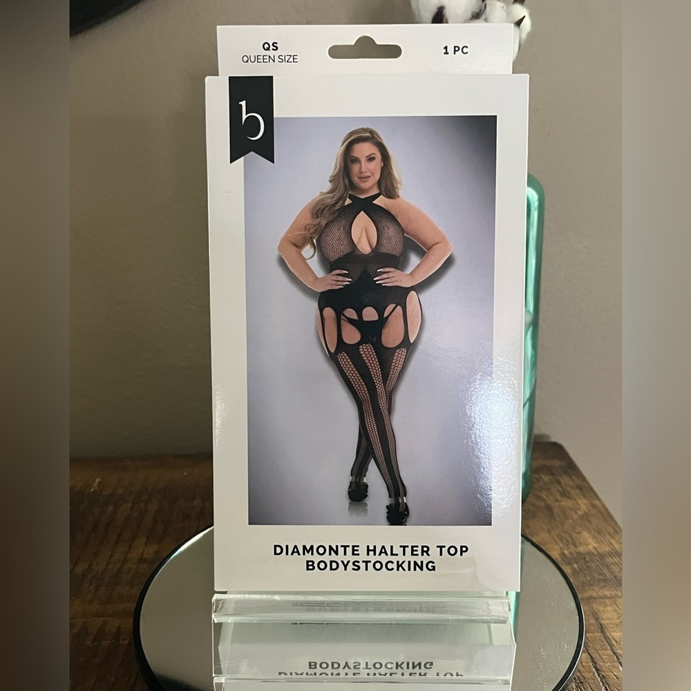 Baci Black Diamonte Halter Top Bodystocking lingerie, new!